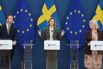 Minister for Gender Equality Nina Larsson, Minister for Social Services Camilla Waltersson Grönvall and Christian Carlsson (The Christian Democrats) presenting Sweden presents first action plan against honour-based violence and oppression in Rosenbad, Stockholm.