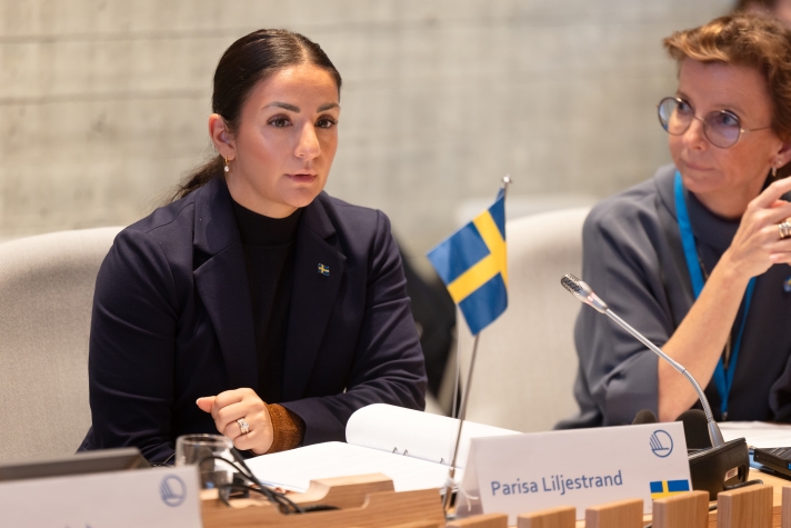 The minister of Culture Parisa Liljestrand sitting. A Swedish flag next to her.
