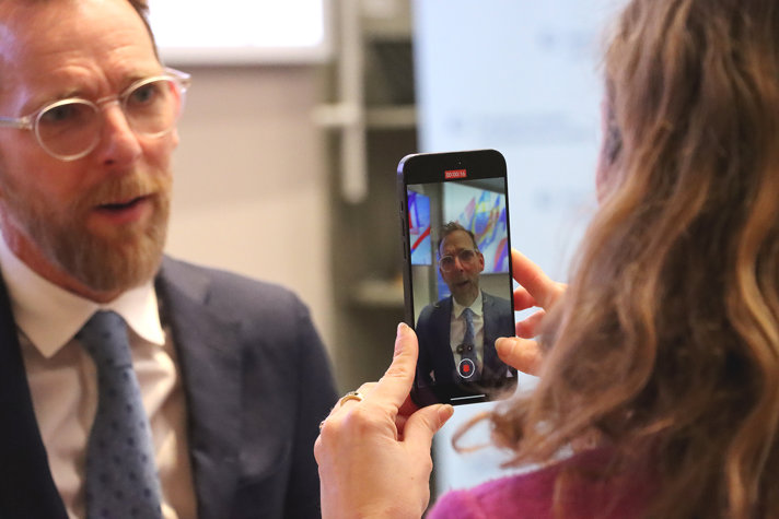 Photo of Jakob Forssmed as he is being interviewed.