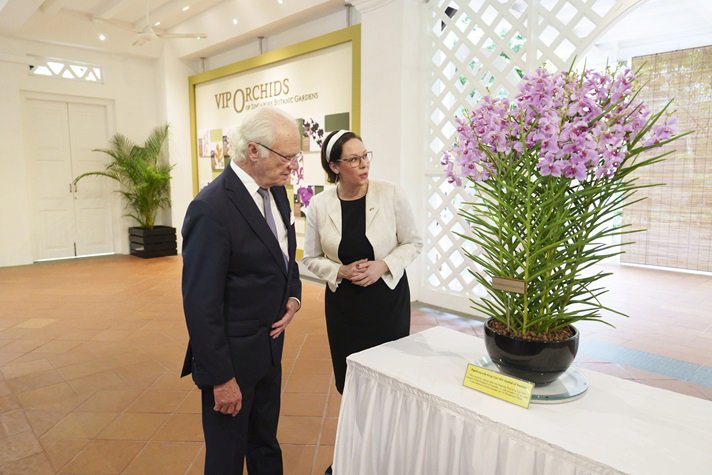 The King of Sweden and Minister for Foreign Affairs Maria Malmer Stenergard looking at a flower.